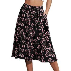 Women's A-Line Midi Skirt with Pockets High Waist Floral Black